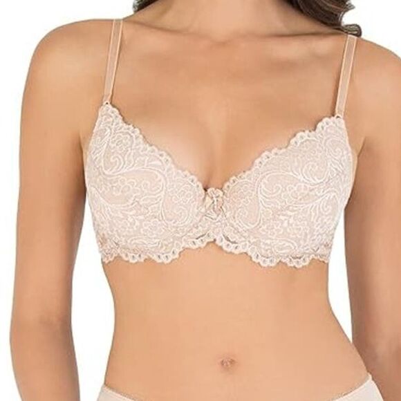 Smart & Sexy Push Up Bra 34C Add 2 Cup Sizes Buff Lace Underwire Padded Feminine - Picture 1 of 9